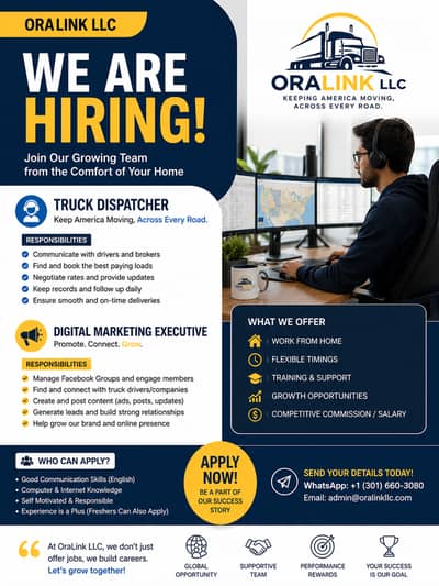 Truck Dispatcher & Digital Marketing Executive | Freshers Can Apply