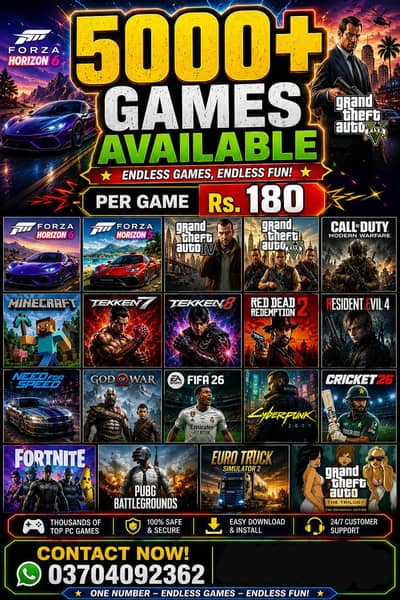 All PC Games are available for PC/Laptop. Per Game Rs. 180