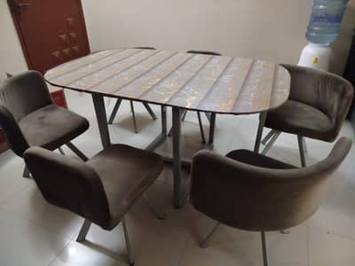 6 Seater Modern Marble Finish Dining Table Set with chairs