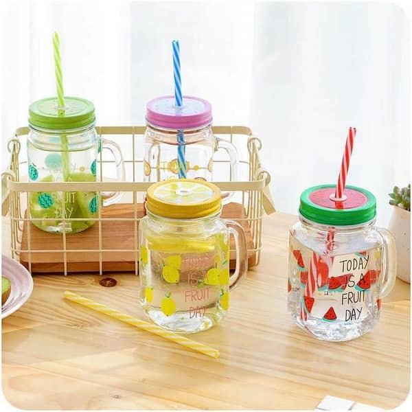 Multicolor Heat Resistant Fruity Glass Mason Jar Mugs Fruit Juice Cups with Lid and Straw For Milk, Milkshakes Juices 480 ml