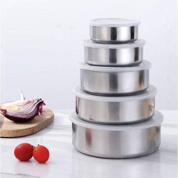 5pc Set Stainless Steel Bowl with Lid Kitchen Refrigerator Food Storage Mixing Bowls Sealed
