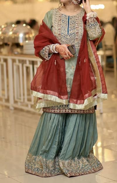 Elegant Mint Green & Maroon Formal Dress