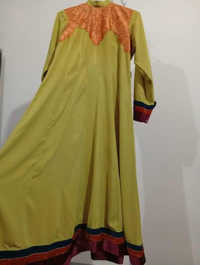 Elegant Olive / Mustard Green Long Frock with Velvet Lace