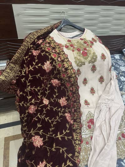 Heavy embroided shirt with velvet shawl n plain trouser