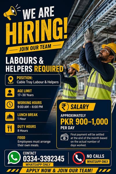 Labour & Helper Required Age Limit: 17–30 Years