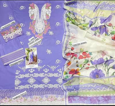 Unstitched lawn embroidered purple suit with patch work daman