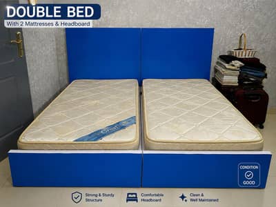 Double Bed with 2 Mattresses + 2 Tall Cupboards – Blue & White