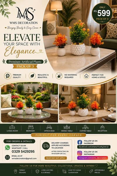 Pack of 3 Green & Orange Artificial Plants | Premium Home Decoration