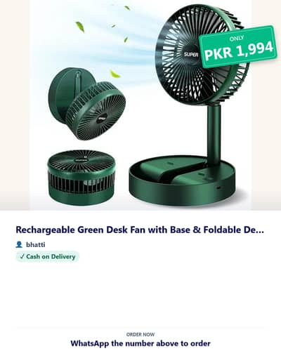 Rechargeable Green Desk Fan with Base & Foldable Design