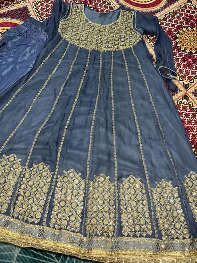 Grey colour frok with golden work with kapri with shiffon  doapata