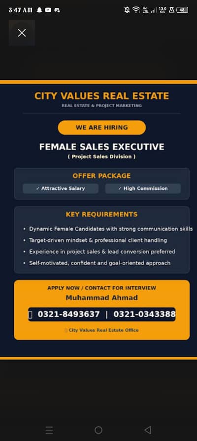 we are hiring Female staff for Real Estate