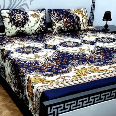 Crystal Cotton Double Bedsheet Set Blue Floral Print