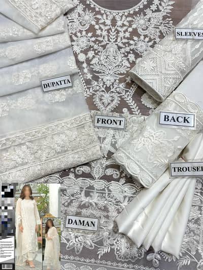 Luxury White Embroidered 3 Piece Unstitched Chiffon Suit with Net Dupa