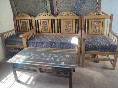 wood sofa set with glass table for sale .