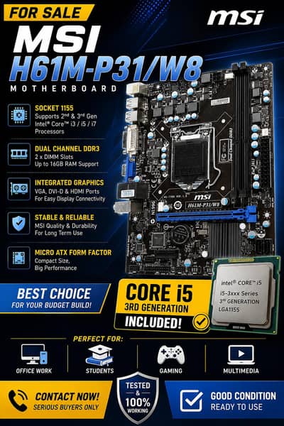 MSI H61M-P31/W8 + Core i5 3rd Gen | Used | No Repair