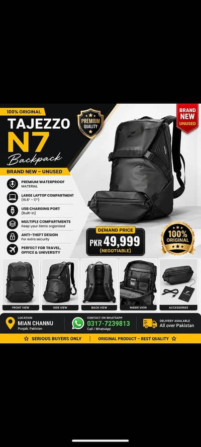 Tajezzo N7 Black Backpack – Original – Brand New
