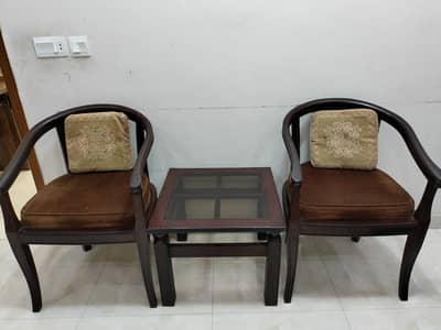 2 Premium Solid Wood Chairs + Glass Top Coffee Table | Excellent Condi
