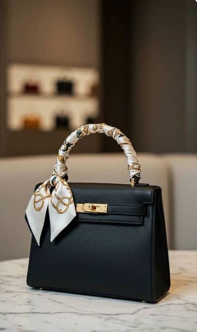 Elegant Black Women's Handbag with Scarf – Stylish Structured Top HanA
