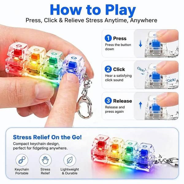 LED Keyboard Keychain Fidget Toys 4 Keys Keyboard Keycaps Fidget Toy Party Stress Relief Keyboard Cap 1pcs