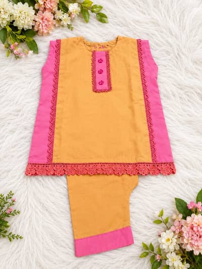 Mustard & Pink Kids Cotton Kurti Trouser Set – Girls Casual WearDress