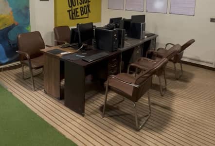 Office main table attached side table and 6 office tables and chairs