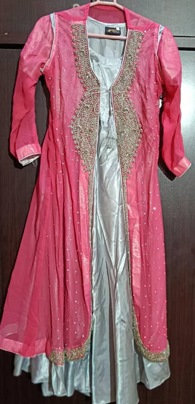 chiffon crystal work pink gown with maxy