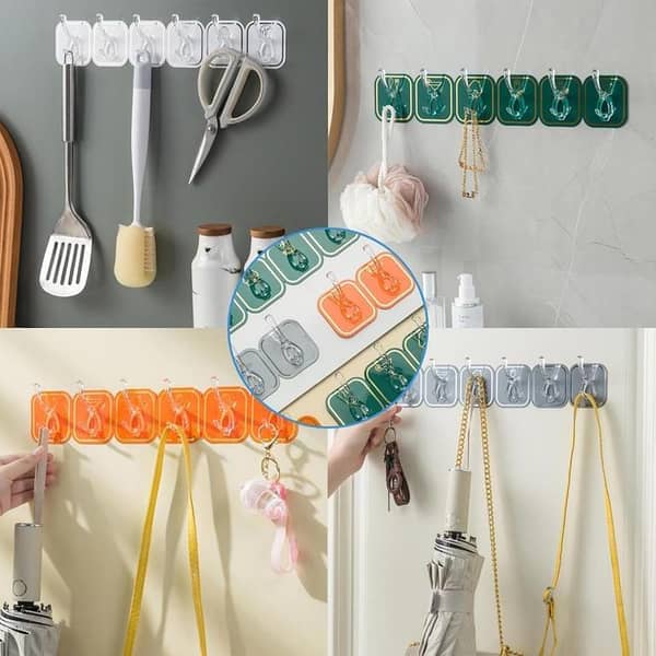 6-in-1 Self Adhesive Heavy Duty Wall Hook - No Drilling for Bathroom, Shower, Kitchen | Waterproof Transparent Hooks for Easy Installation (Multicolor)