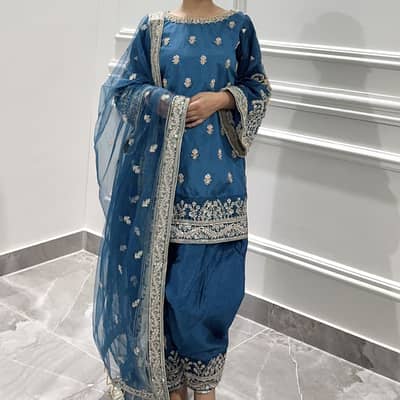 Fancy Blue Short Shirt with Shalwar & Dupatta (3 pc)
