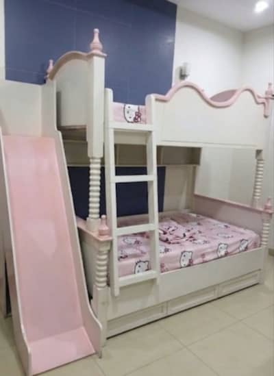 Wooden Double Bed for Kids or Girls with two mattresses and a slide