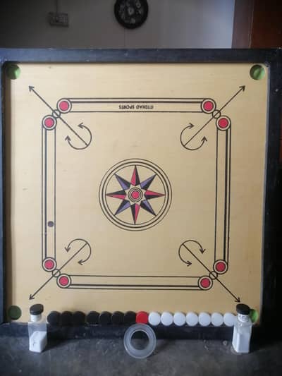 Wooden Carrom Board with Coins & Striker – Good Condition