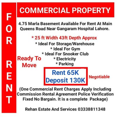 4.75 Marla Basement For Rent At Queens Road Near Lesco Office