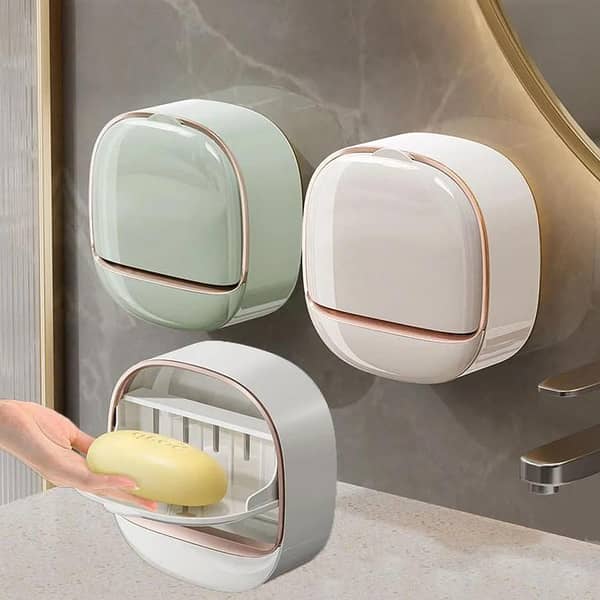 Luxury Soap Holder with Drain Tray, Waterproof Soap Dish Holder, Keep Soap Bars Dry, Adhesive Soap Case Box Wall Mounted for Shower, Bathroom, Bathtub, White multi