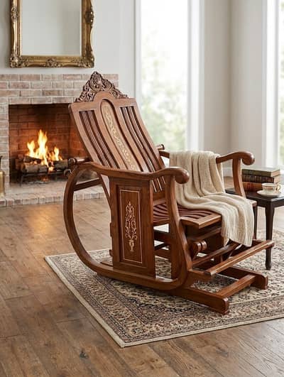 Solid Wood Rocking Chair with Brass Inlay & Footrest