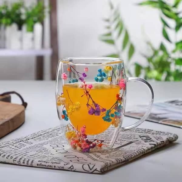 1Pcs Double Wall Glass Coffee Mug with Handles Clear Milk Cups Gifts Glass Cup Fill Artificial Simulation Flowers Teacup Gift