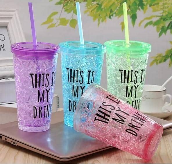 Plastic Acrylic Frosty Sipper Glass, Ice Cup Freezing Gel Tumbler Jar with Straw and Lid for Juice, Beer, Soft Drinks, Water 500 ml - 1 Piece