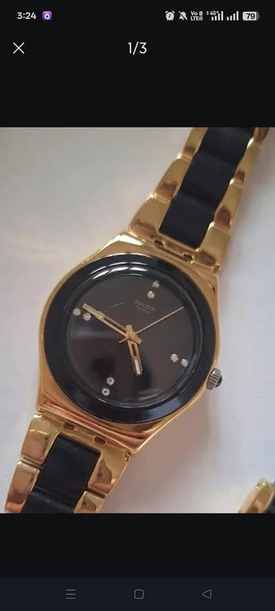 Swatch Yellow Pearl Black Dial Two-Tone Steel Watch - For Sale