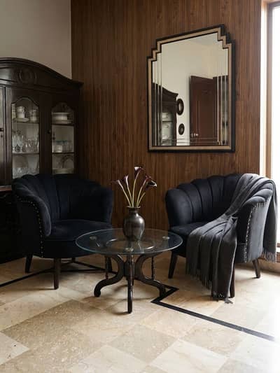 Luxury Pair of Black Velvet Accent Chairs with Glass Table