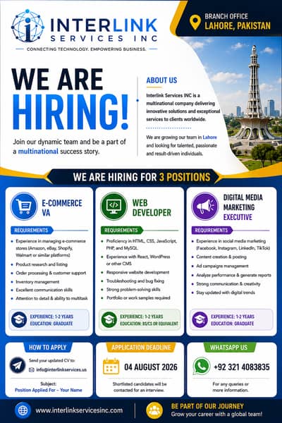 Positions Available in IT Company - Internee may also apply