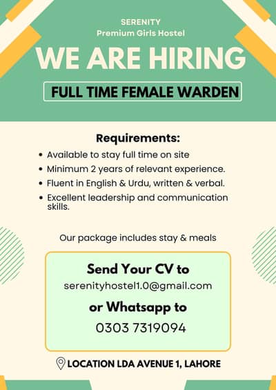 Female WARDEN required for Girls Hostel, Lahore