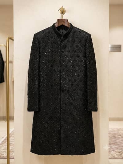 Black Premium Groom Sherwani Complete Set Khussa + Shawl