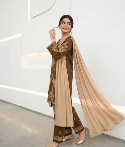 Brown Embroidered 3 Piece Suit for Women