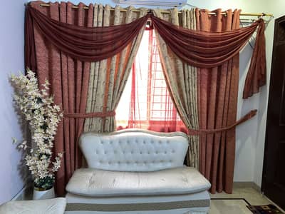 Elegant 3- Piece Curtain Set - Terracotta & Beige with Sheer Valance