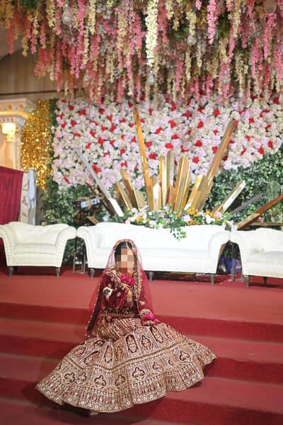 luxury Maroon Bridal leheng/heavy handwork/worn once/like new
