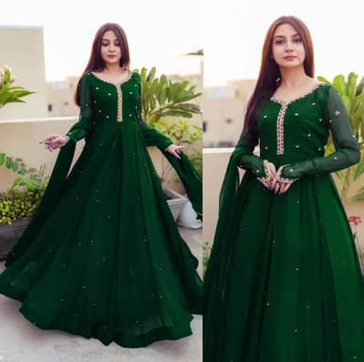 Green embroidered Chiffon Maxi Set With Dupatta