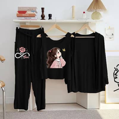 3 Pcs Printed Black Jersey Night Suit for Women