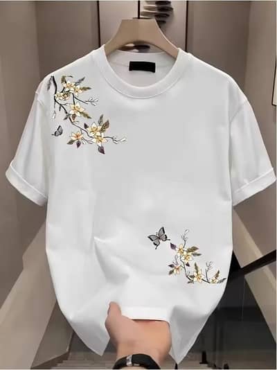 Stylish Floral Embroidered White T-Shirt for Men | Premium Cotton