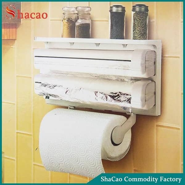 3 In 1 Multifunctional Kitchen Roll Holder, Cling Film Wall Mounted Paper Holder Shelf, Triple Food Wrap Dispenser, Kitchen Roll Holder With Spice Rack and Slide Cutter, Multifunctional Cling Film Cutter