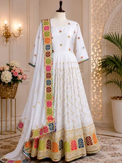  Pure White Embroidered Anarkali Dress – Large Size 