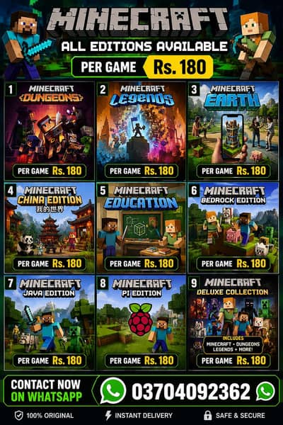 Minecraft all editions are available for PC/LAPTOP. Per Game Rs. 180