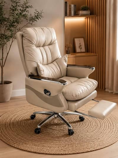 Ultra-Plush Beige Leatherette CEO Chair - Adjustable Recliner Desk